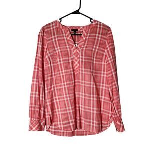 Talbots Blouse Size XS‎ Red White Plaid V-Neck Long Sleeve NWT